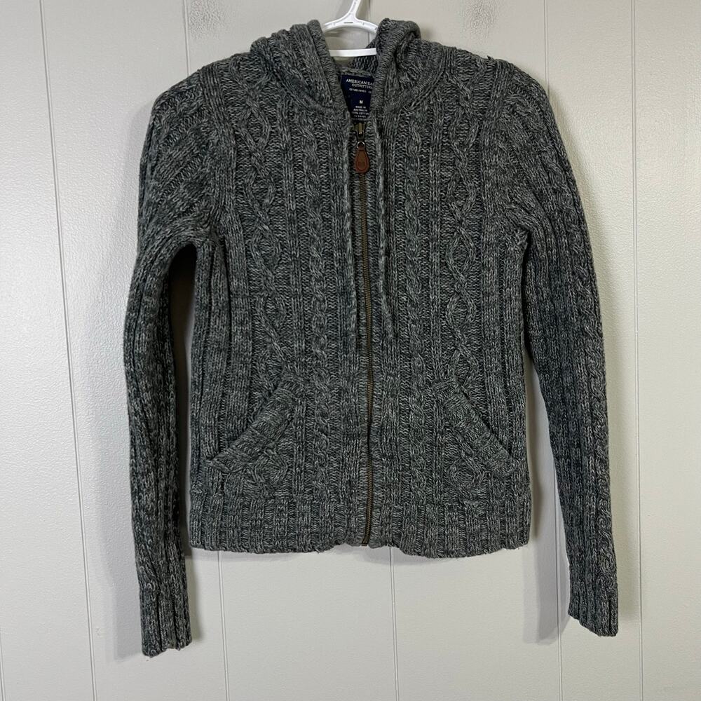 Cable Knit Full Zip Hoodie Sweater Womens M Gray American Eagle Australia